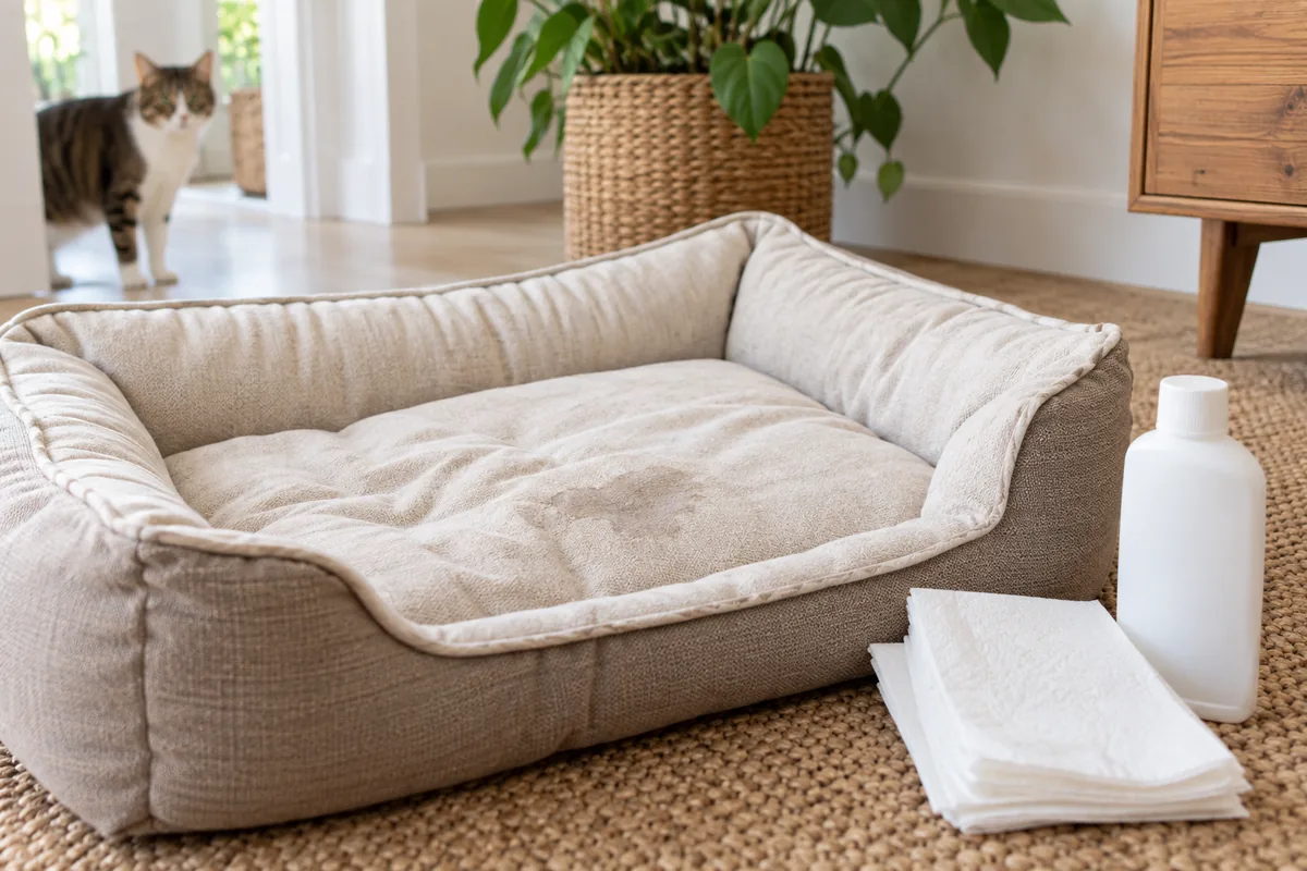Coussin taché et matériel de nettoyage dans une pièce.