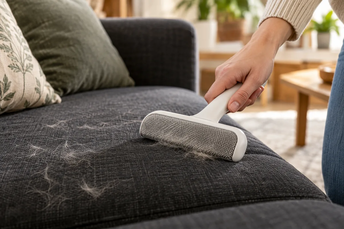 Brosse ramasse-poils passée sur un coussin sombre.
