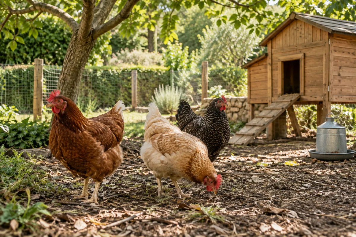 Poules dans un enclos de jardin avec poulailler.