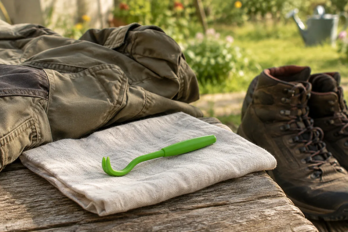 Tire-tique posé près d’un pantalon et de chaussures de jardin.