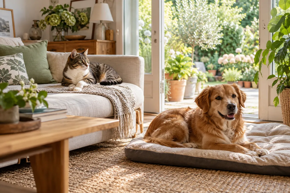 Chat et chien au repos dans une pièce ouverte sur le jardin.