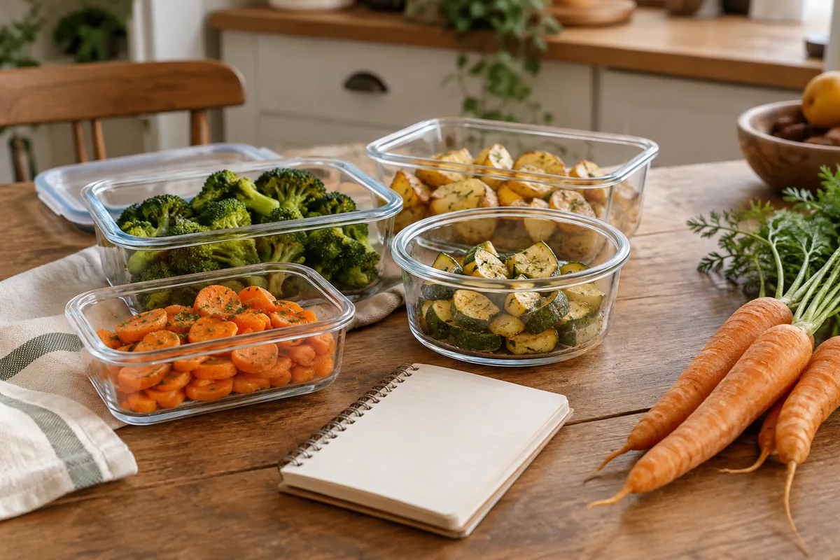 Restes de légumes rangés dans des contenants alimentaires.