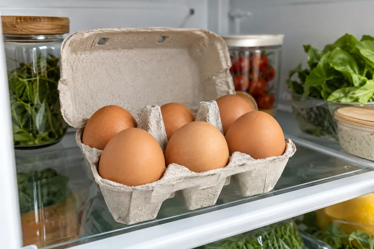 Œufs dans leur boîte en carton sur une étagère de réfrigérateur.