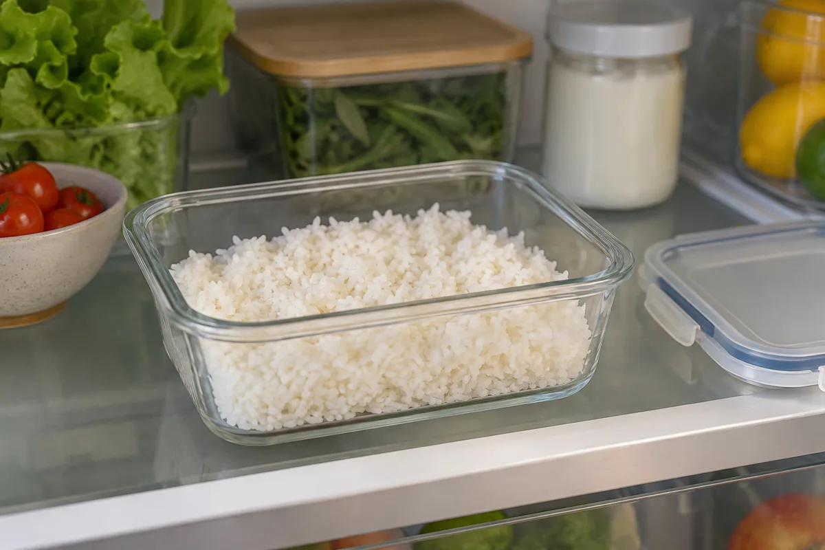 Riz cuit réparti dans un récipient alimentaire peu profond.