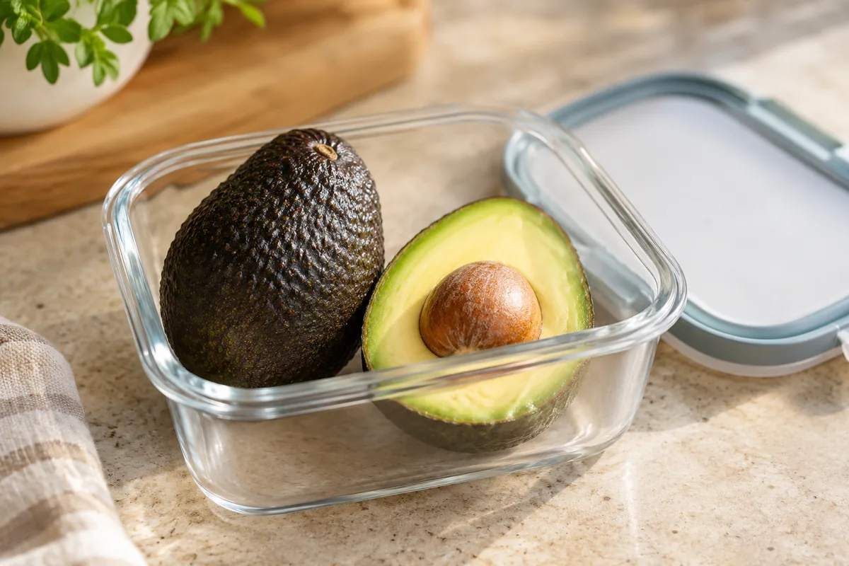 Avocat entier et demi-avocat dans un contenant.
