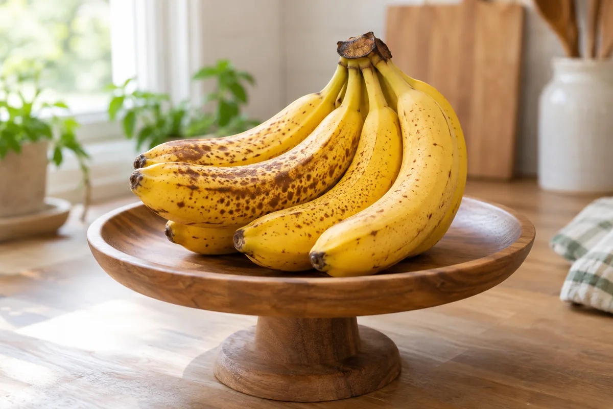 Bananes à différents degrés de maturité sur un support.