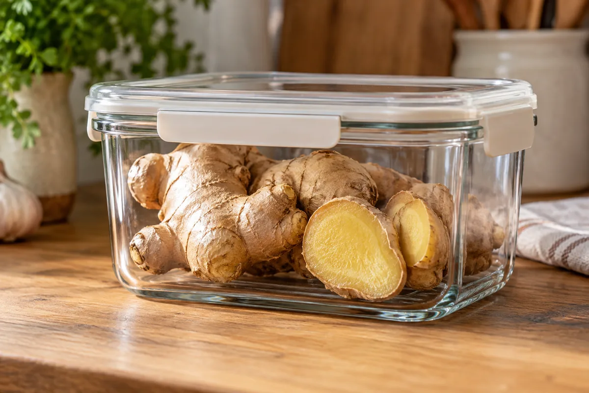 Racine de gingembre frais et morceau conservé dans une boîte.