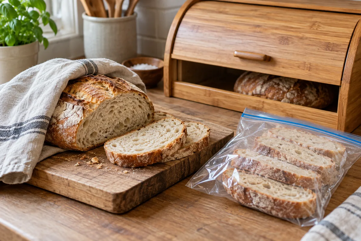Pain de campagne dans un linge, près d’une boîte à pain.
