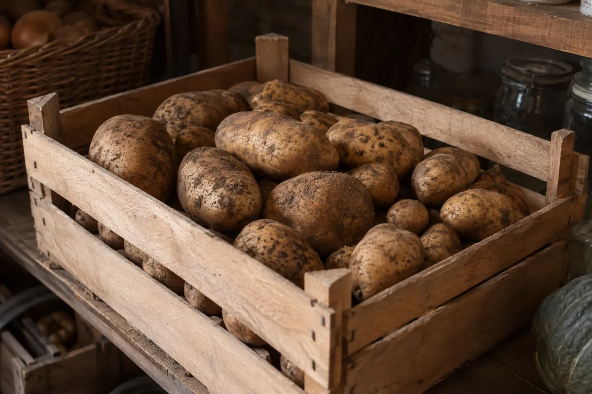 Pommes de terre dans une cagette aérée à l’abri de la lumière.