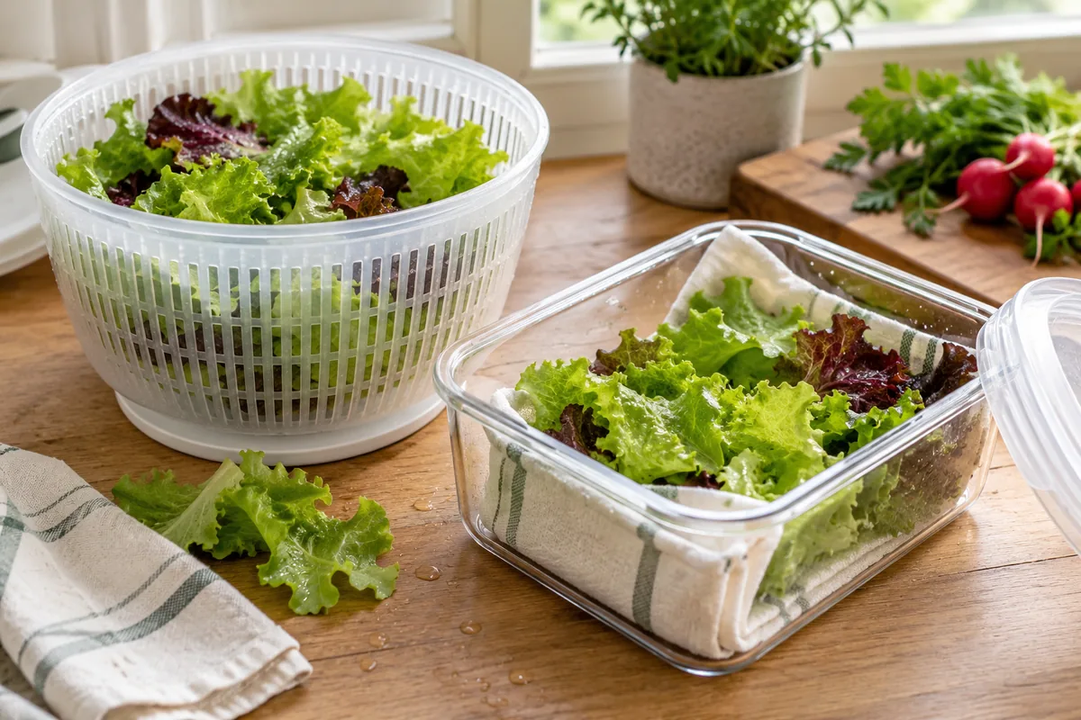 Salade essorée près d’un contenant tapissé d’un linge propre.