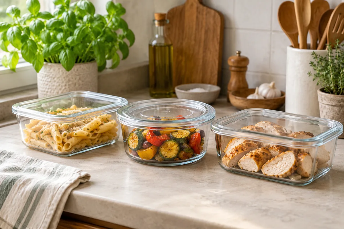 Restes de pâtes et de légumes répartis dans des plats.