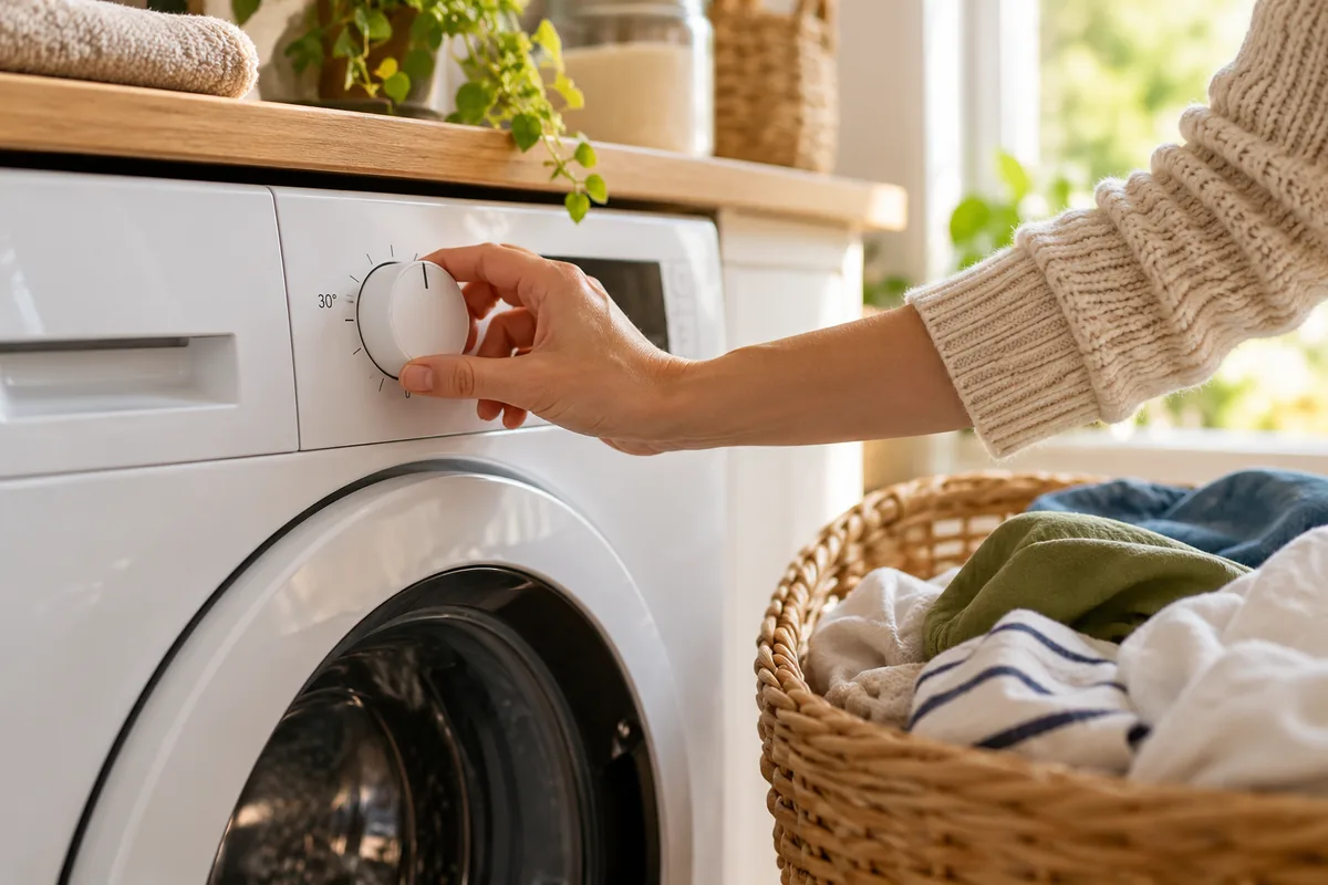 Choix d’un programme de lavage près d’un panier de vêtements.