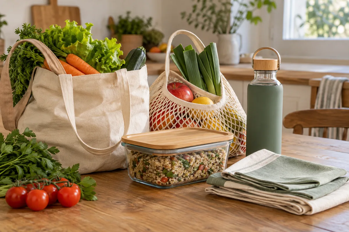Sacs en tissu, gourde et contenants réutilisables sur une table.