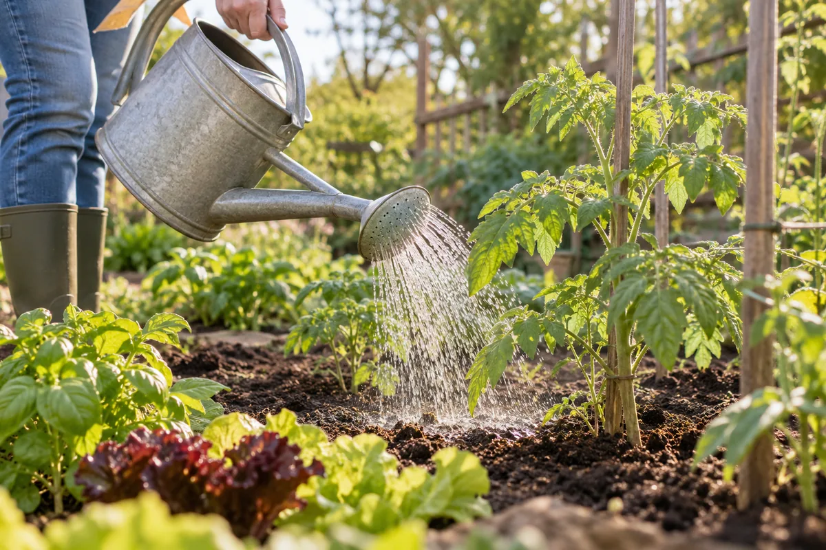 Arrosage au pied de légumes avec un arrosoir.