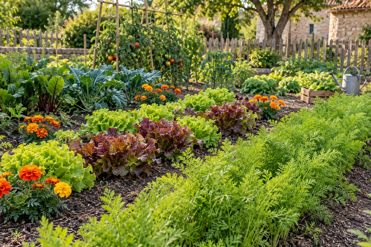 Planche de potager mêlant carottes, laitues et fleurs.