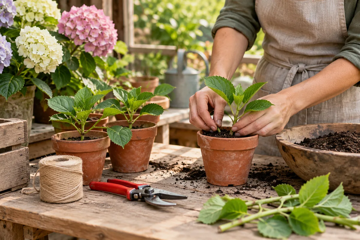 Boutures d’hortensia en petits pots sur une table de jardin.