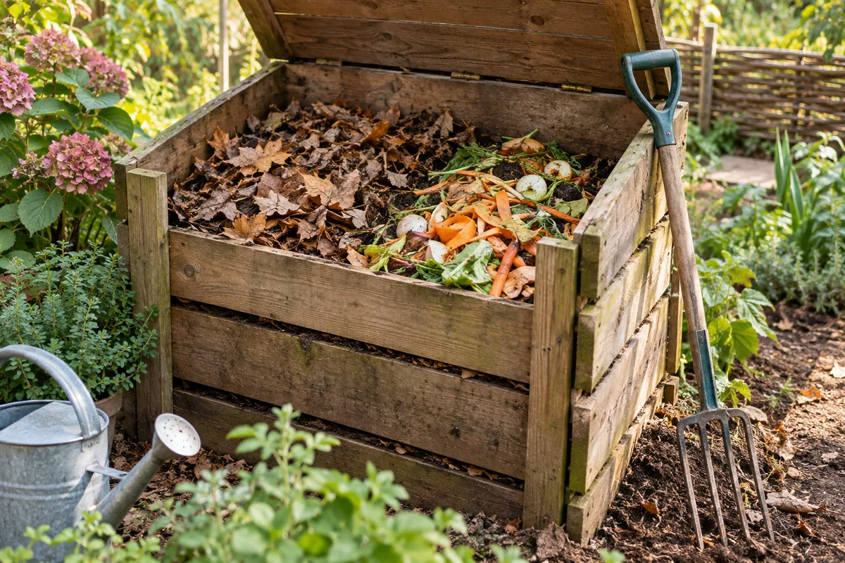 Composteur avec feuilles sèches et épluchures de légumes.