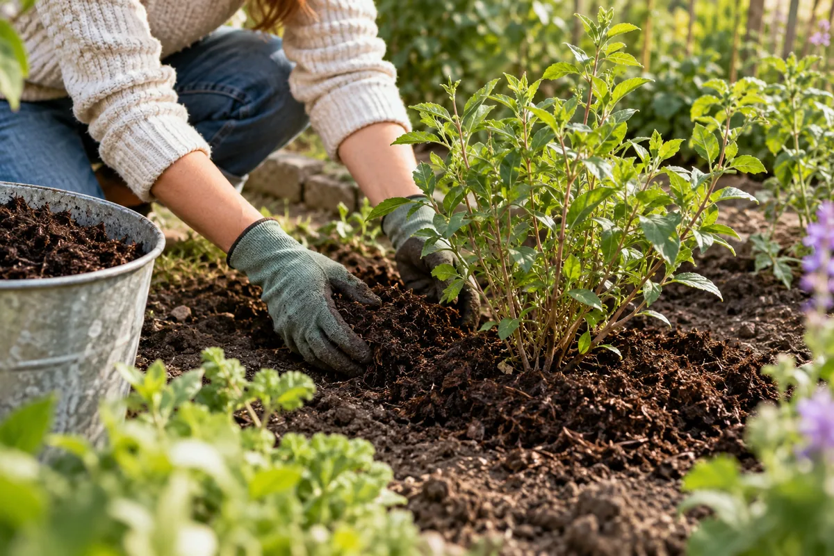 Apport de compost mûr autour d’une plante.