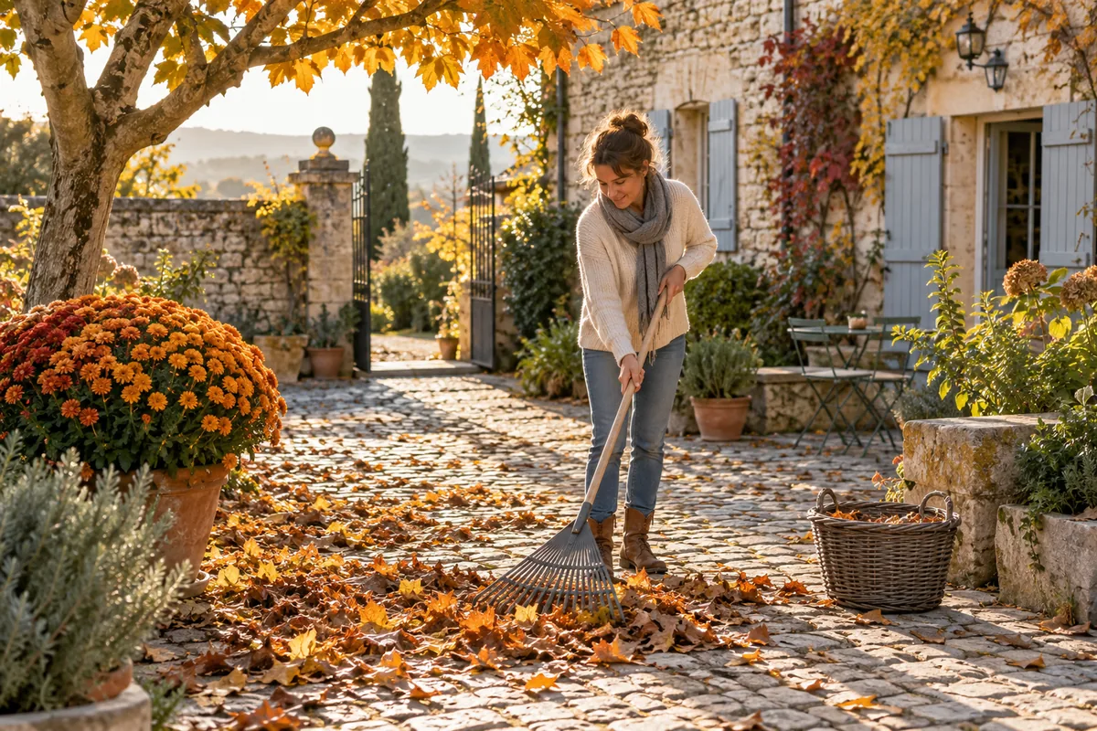 Cour et jardin en automne avec feuilles, râteau et fleurs.