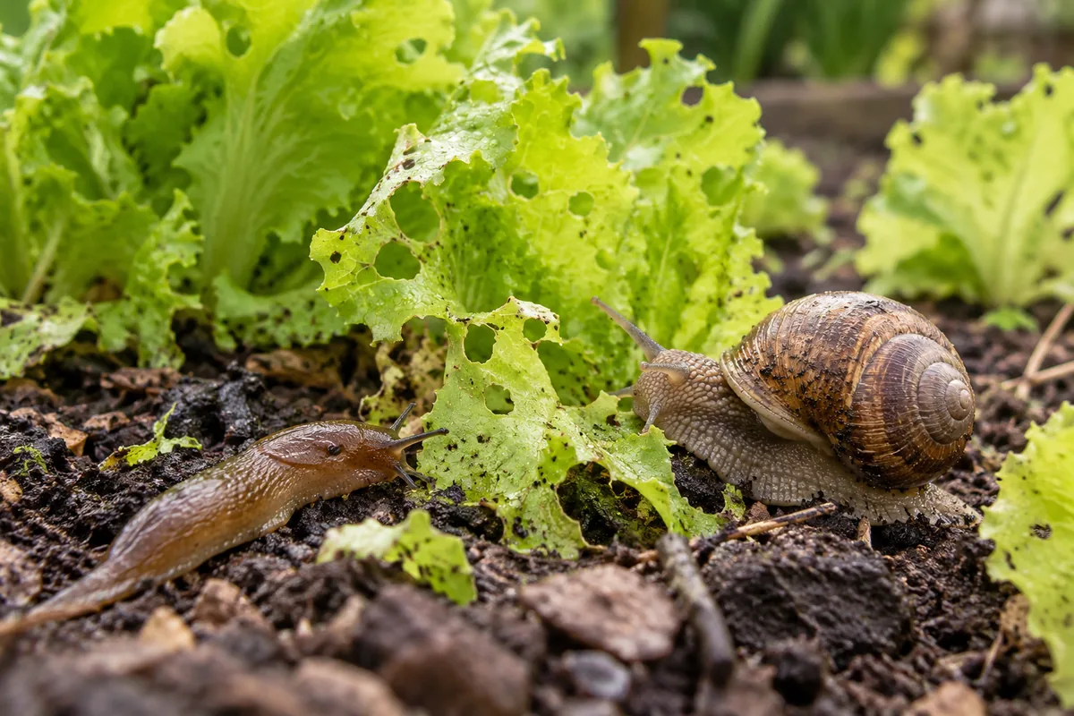 Limace et escargot près de feuilles de laitue grignotées.