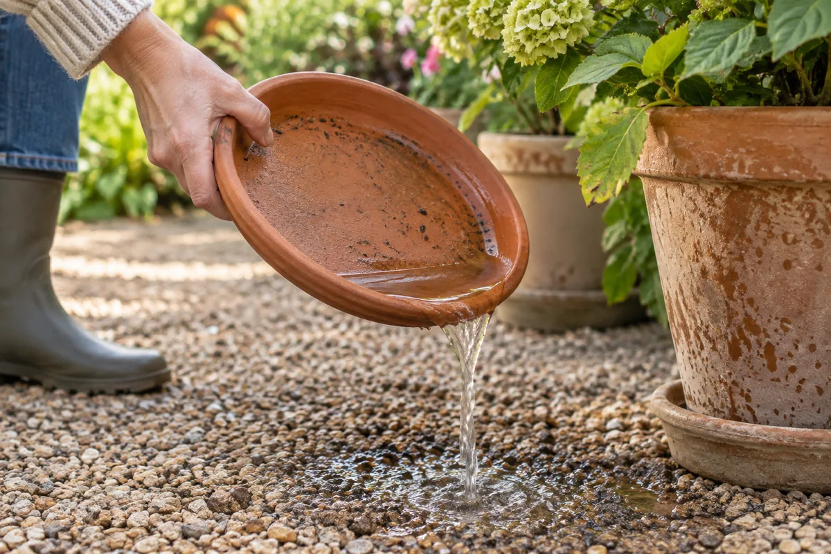 Vidage de l’eau stagnante d’une soucoupe de pot.