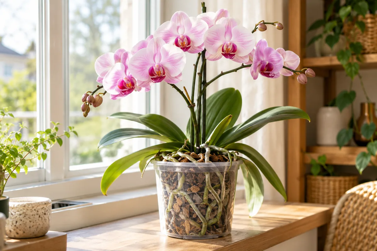 Orchidée phalaenopsis en pot transparent près d’une fenêtre.