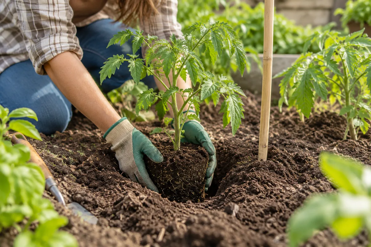Plantation d’un jeune pied de tomate près d’un tuteur.