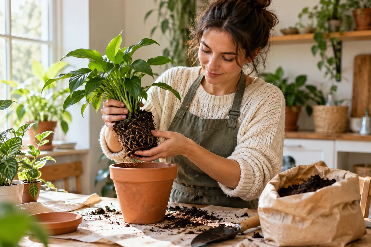 Rempotage d’une plante verte près d’une fenêtre.