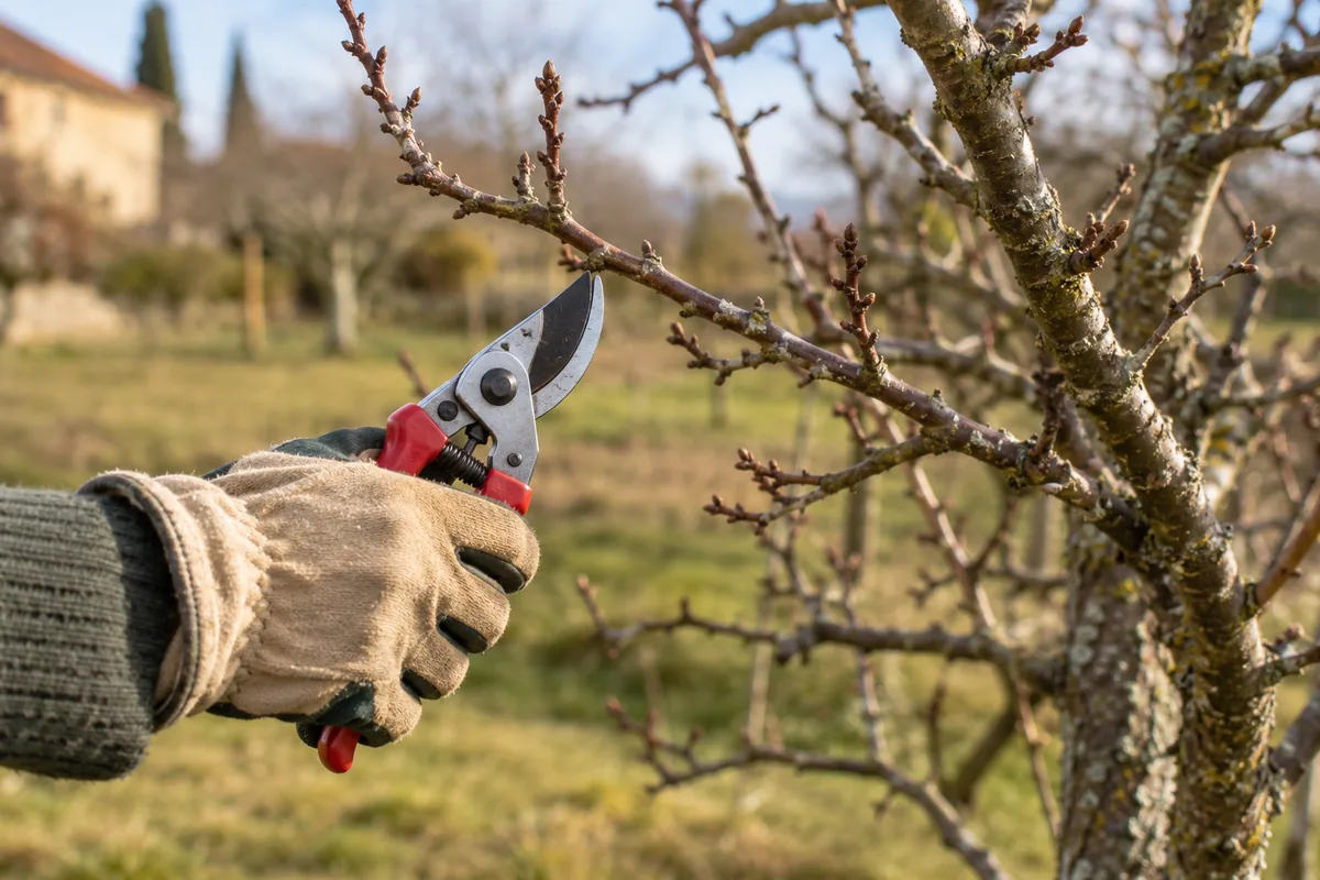 Sécateur près d’une branche de pommier en repos végétatif.
