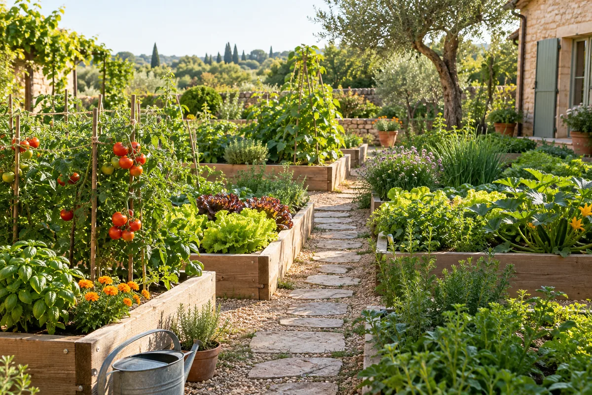 Vue d’ensemble d’un potager familial et de ses allées.
