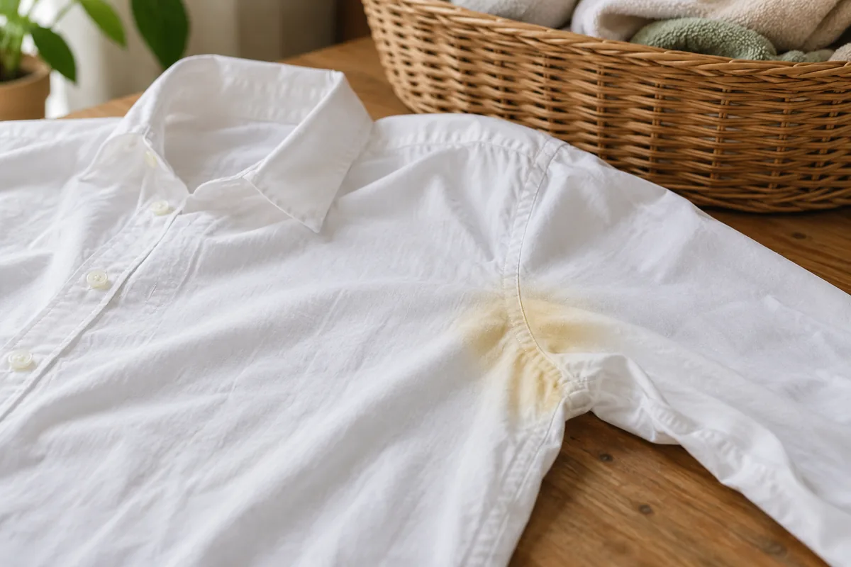 Auréole jaune sous la manche d’un tee-shirt blanc.