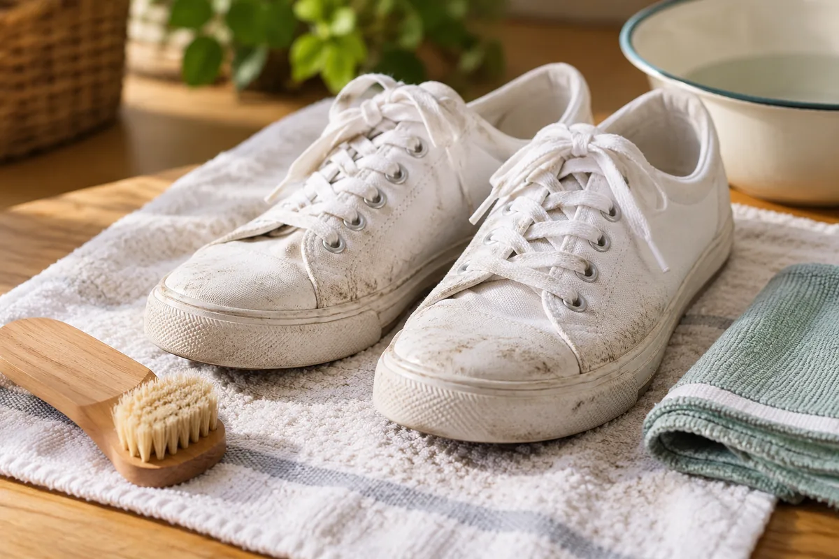 Baskets blanches avec une brosse douce et un chiffon.