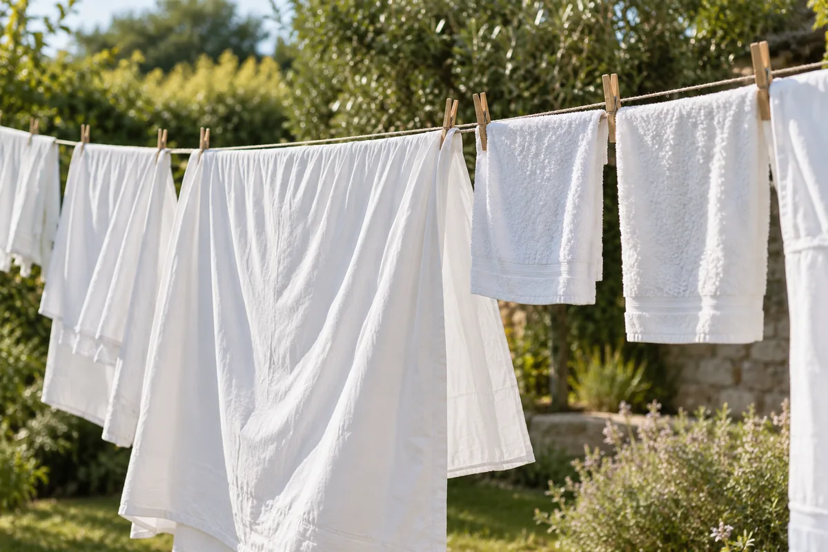 Draps et serviettes blancs étendus à la lumière du jour.