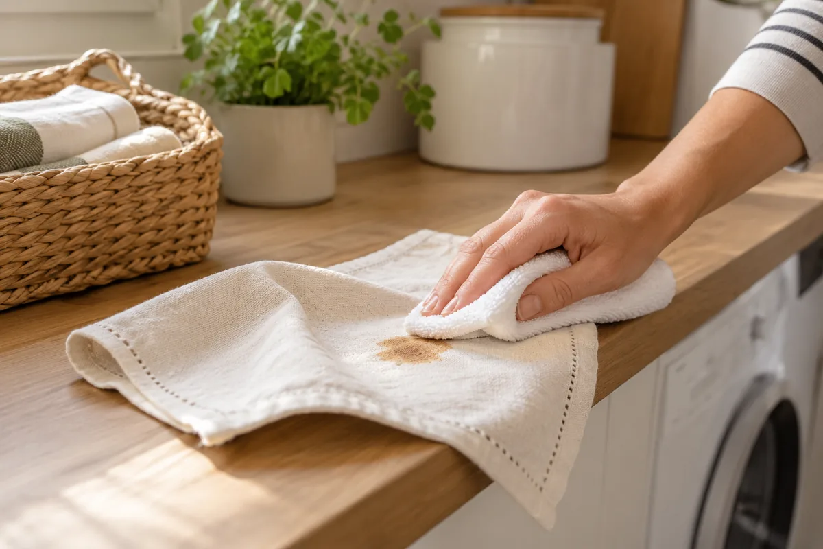 Tamponnement d’une tache sur une serviette en coton.