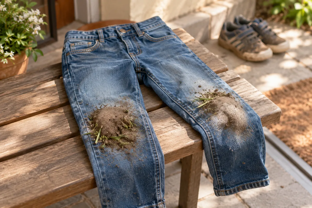 Traces d’herbe et de boue sur les genoux d’un jean.
