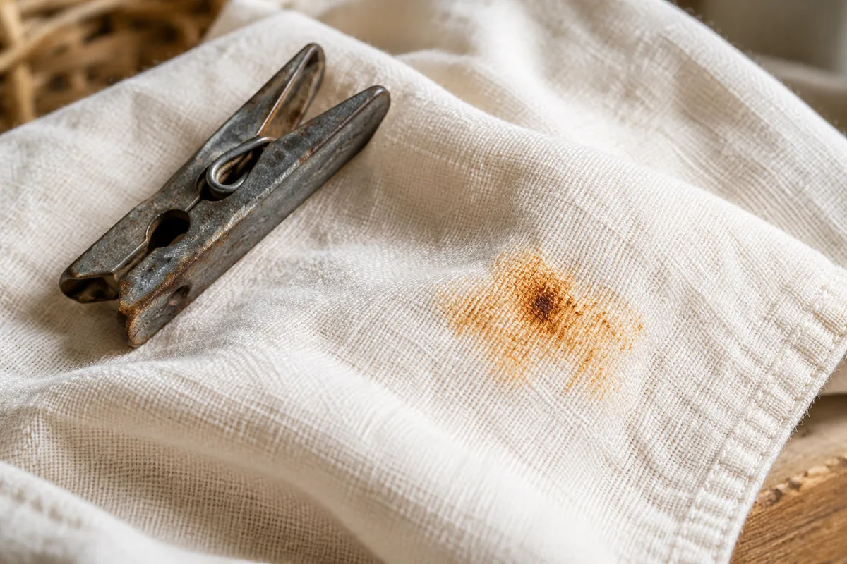 Tache orangée de rouille sur un tissu clair.