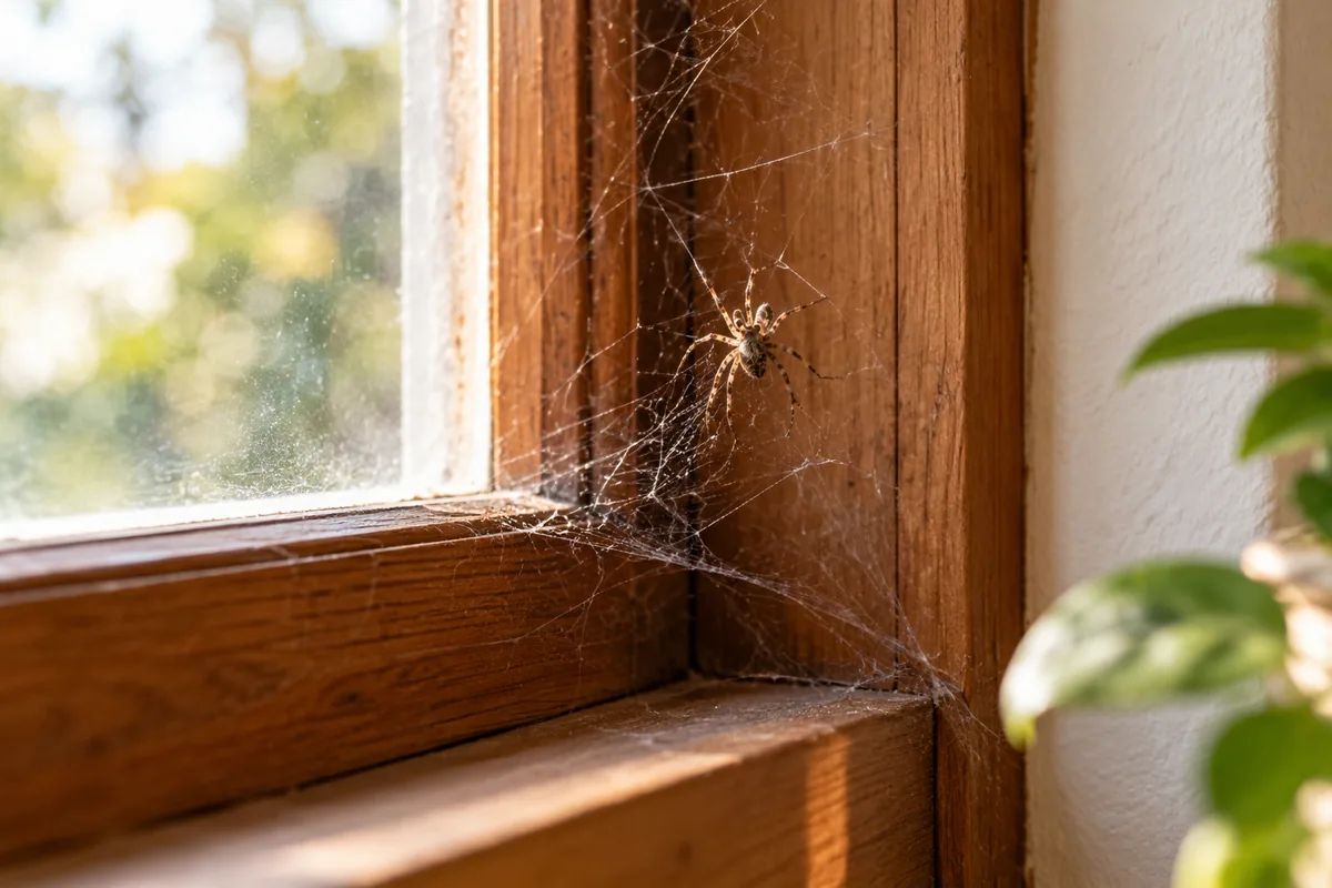 Petite araignée et toile dans l’angle d’une fenêtre.
