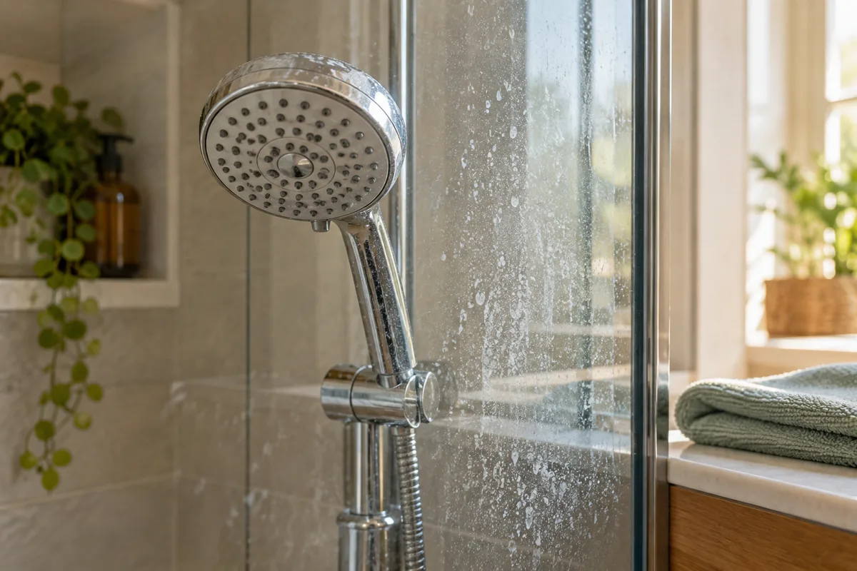 Traces de calcaire sur un pommeau et une paroi de douche.