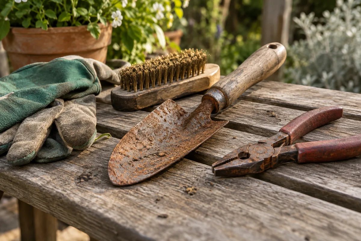 Outils métalliques rouillés, brosse et gants sur un établi.