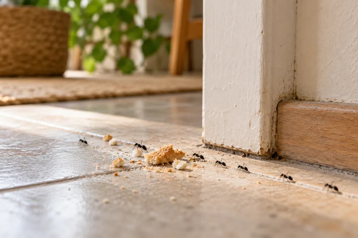 Fourmis près de miettes au seuil d’une cuisine.