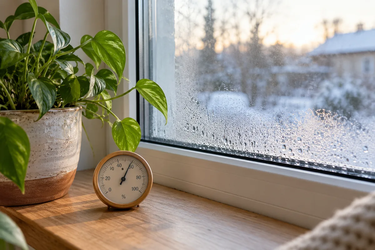 Condensation sur une fenêtre et hygromètre posé à proximité.