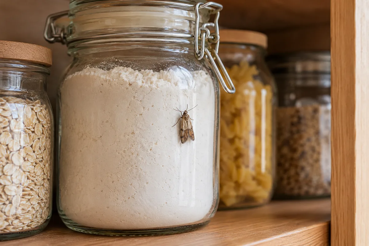 Mite alimentaire sur un bocal de farine fermé.