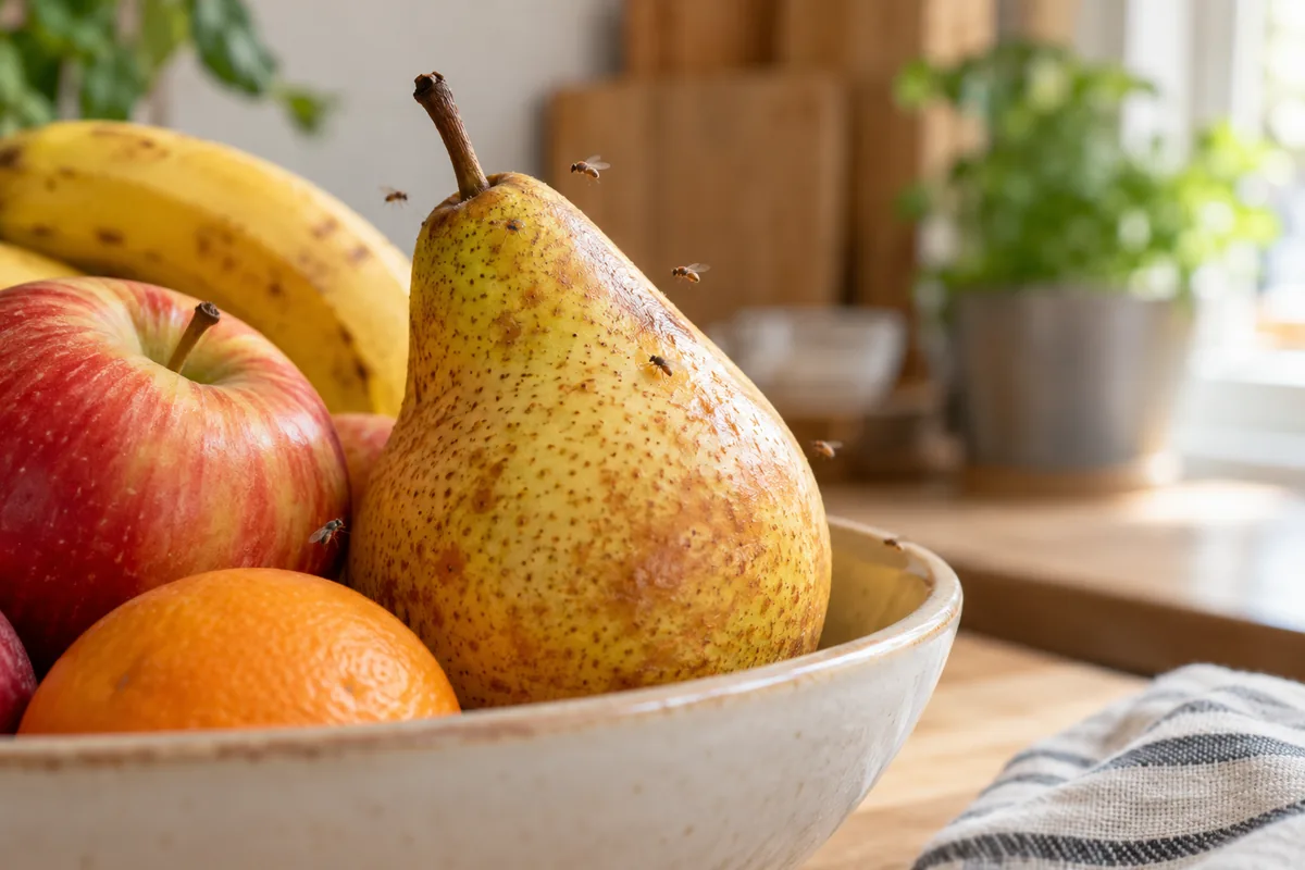Moucherons près d’une poire dans une corbeille de fruits.