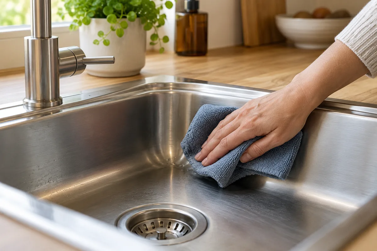 Essuyage d’un évier en inox avec une microfibre.