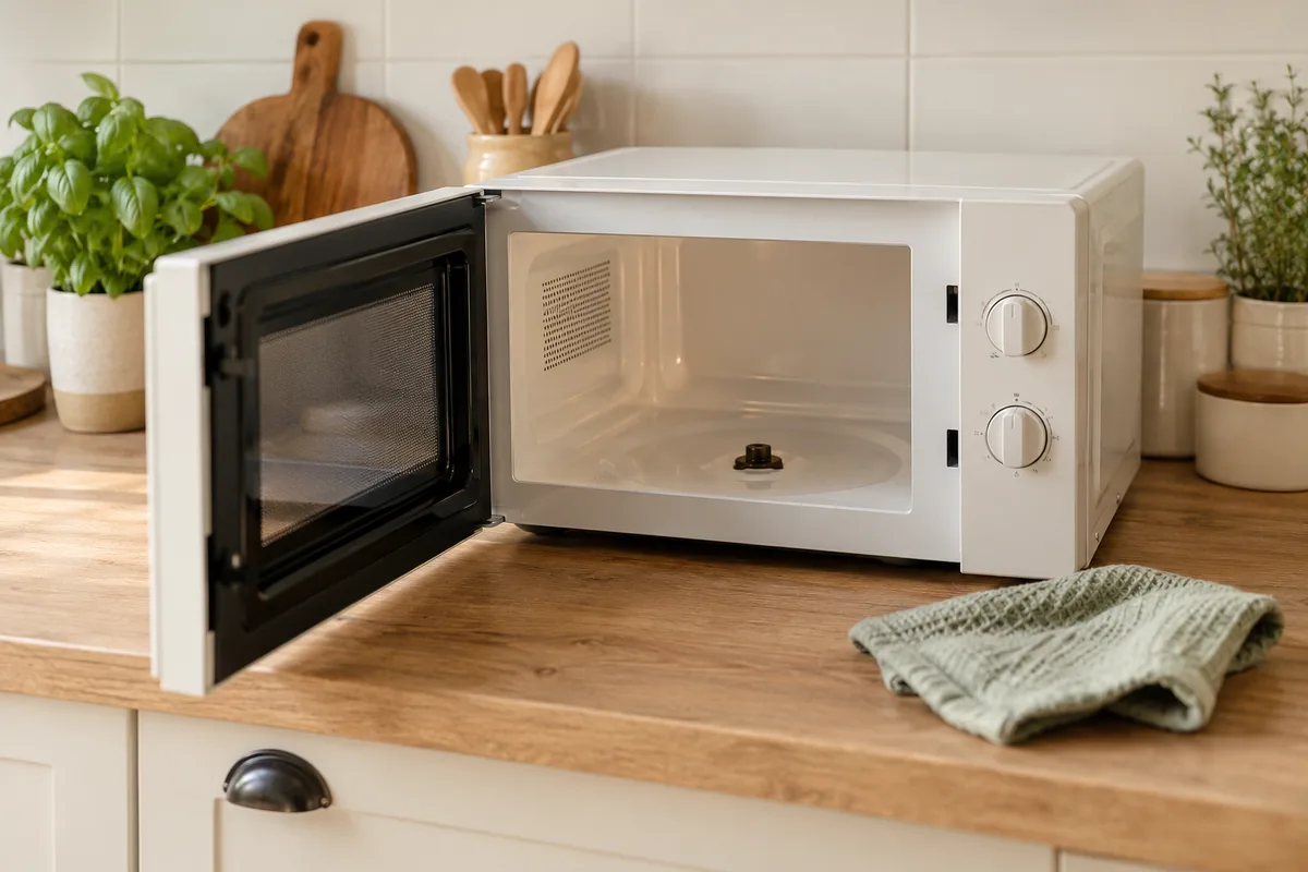 Micro-ondes ouvert et plateau en verre retiré pour le nettoyage.