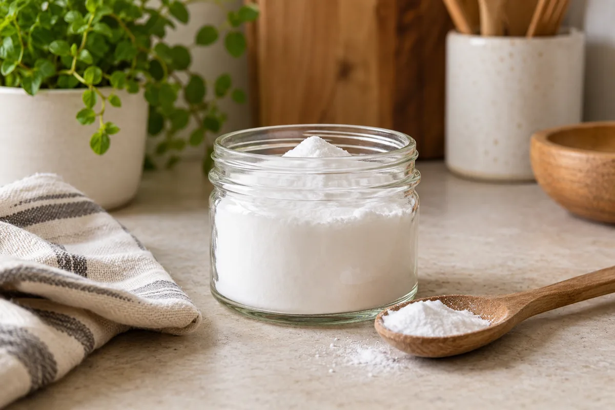 Poudre de bicarbonate dans un petit bocal avec une cuillère.