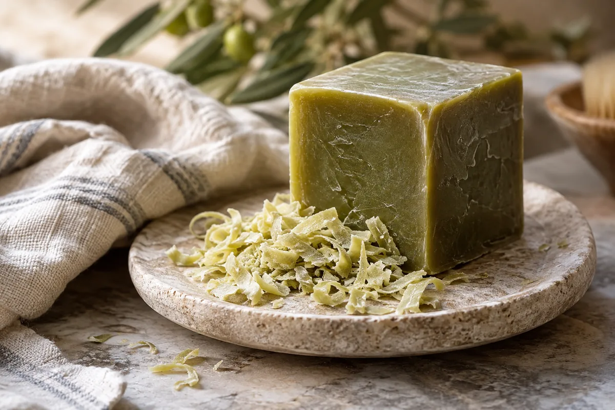 Cube de savon vert et copeaux sur une coupelle en pierre.