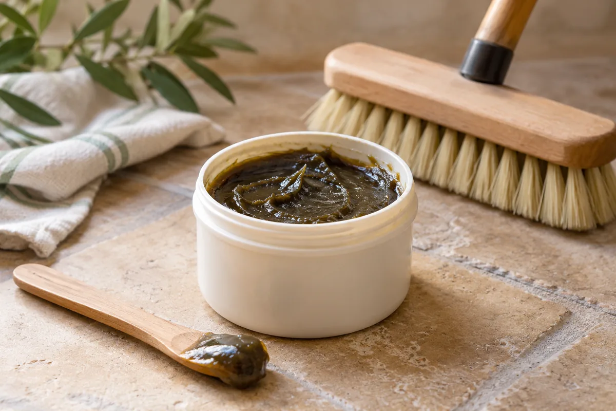 Pâte de savon noir dans un petit pot, avec une spatule.